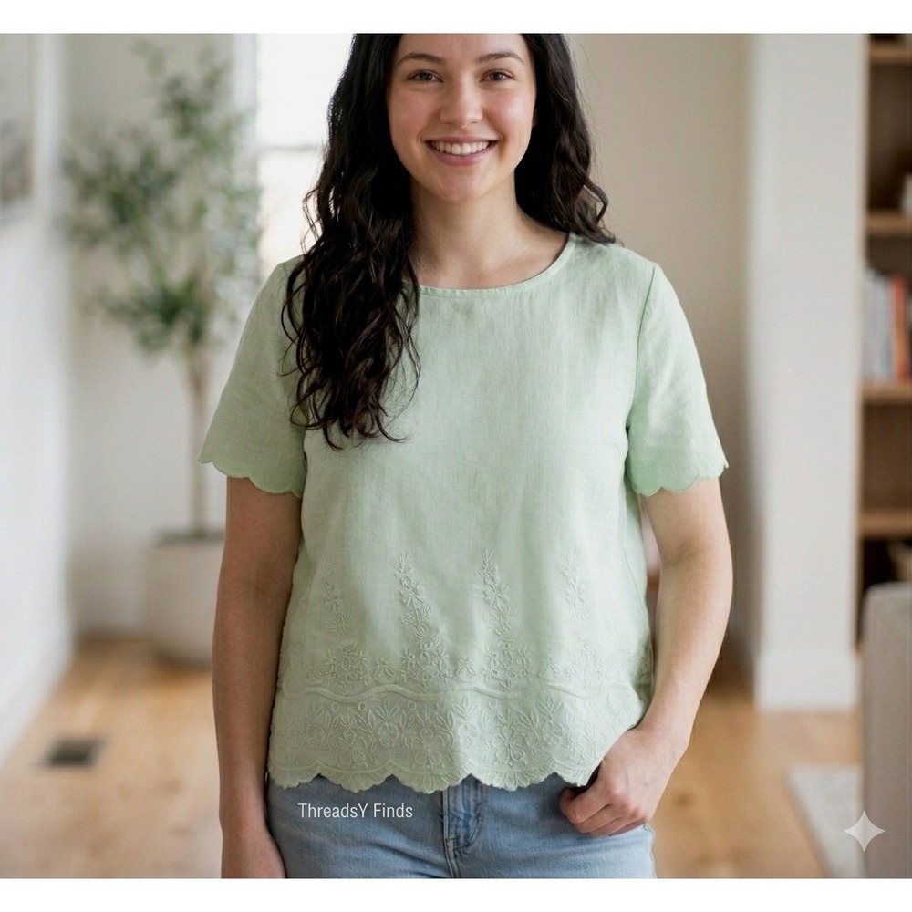 J.‎ Crew Linen Embroidered Scallop Top Womens 8 Mint Green Short Sleeve Blouse
